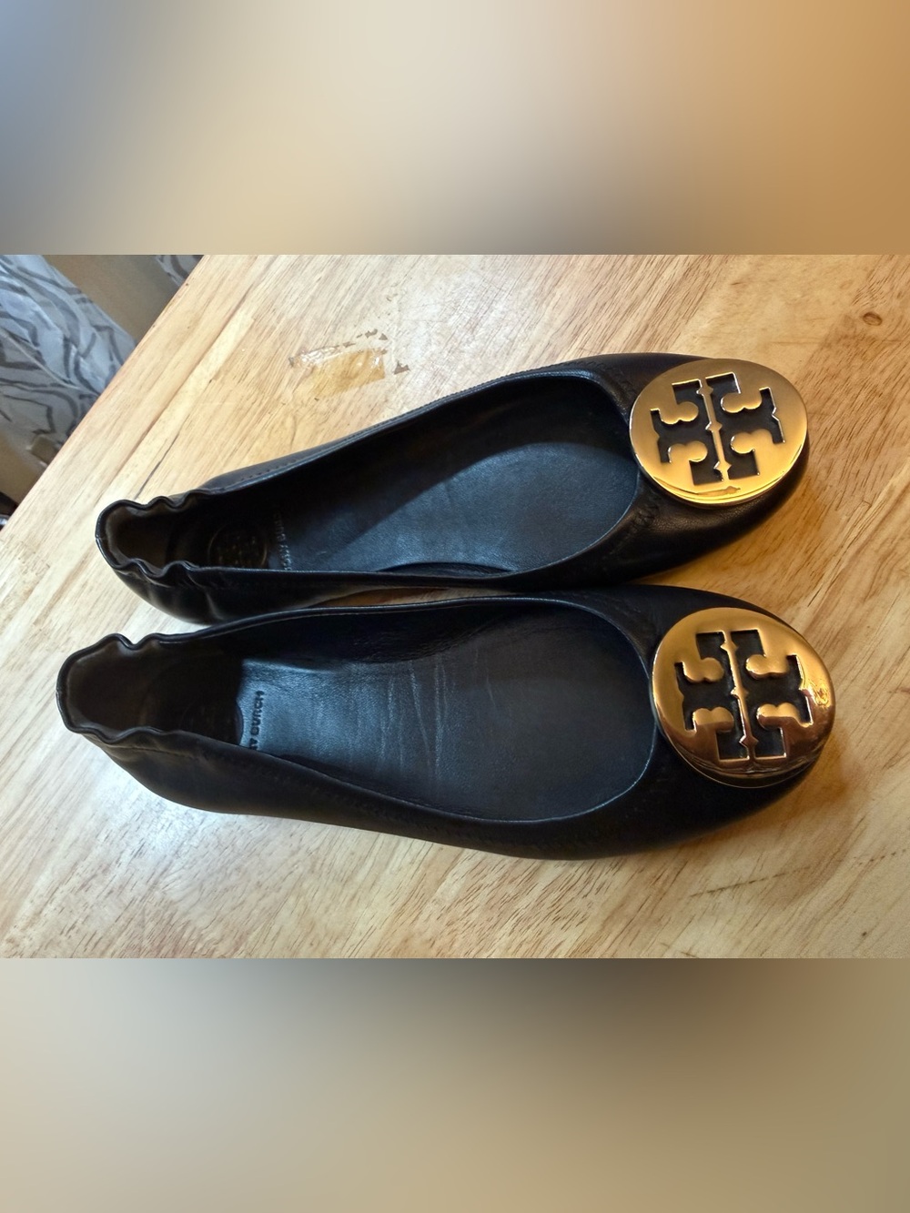 Tory Burch Black Leather Flats with Gold Logo Disc